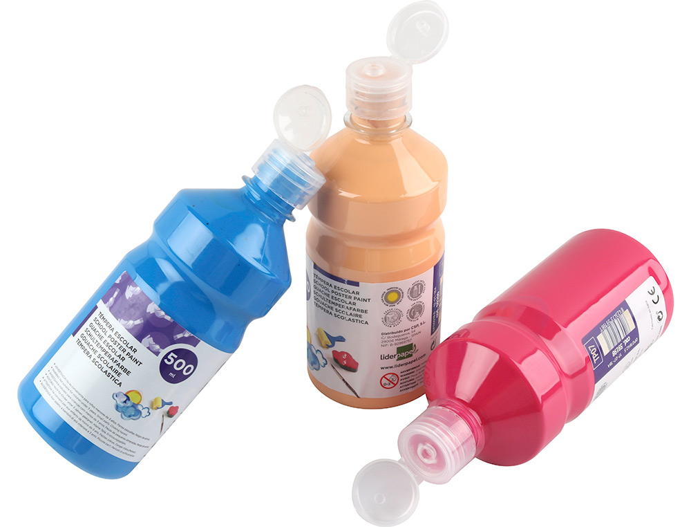 GOUACHE SCOLAIRE LIDERPAPEL LIQUIDE LAVABLE FERMETURE SÉCURITÉ BRILLANTE COLORIS CHAIR FLACON 500ML