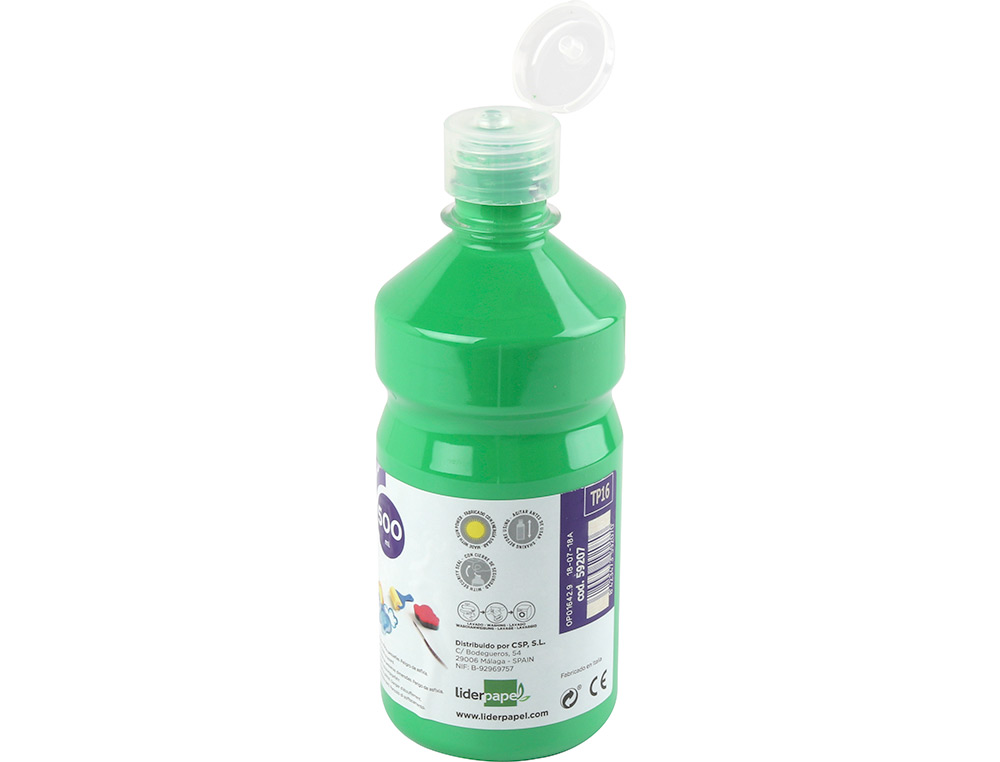 GOUACHE SCOLAIRE LIDERPAPEL LIQUIDE LAVABLE FERMETURE SÉCURITÉ BRILLANTE COLORIS VERT FLACON 500ML
