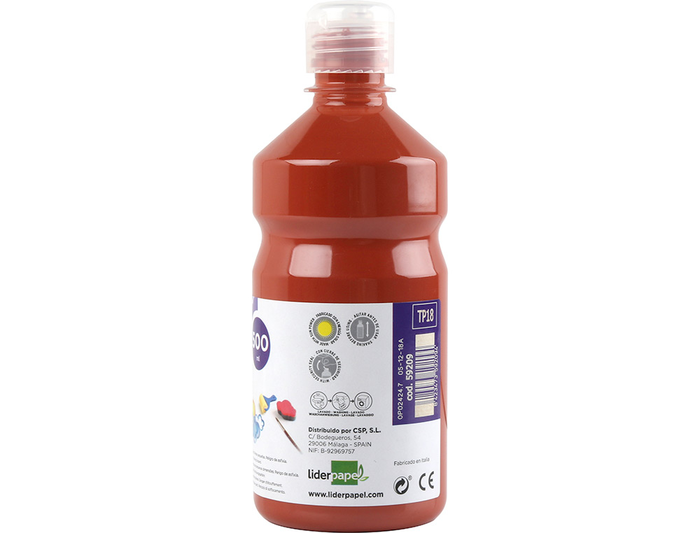 GOUACHE SCOLAIRE LIDERPAPEL LIQUIDE LAVABLE FERMETURE SÉCURITÉ BRILLANTE COLORIS MARRON FLACON 500ML