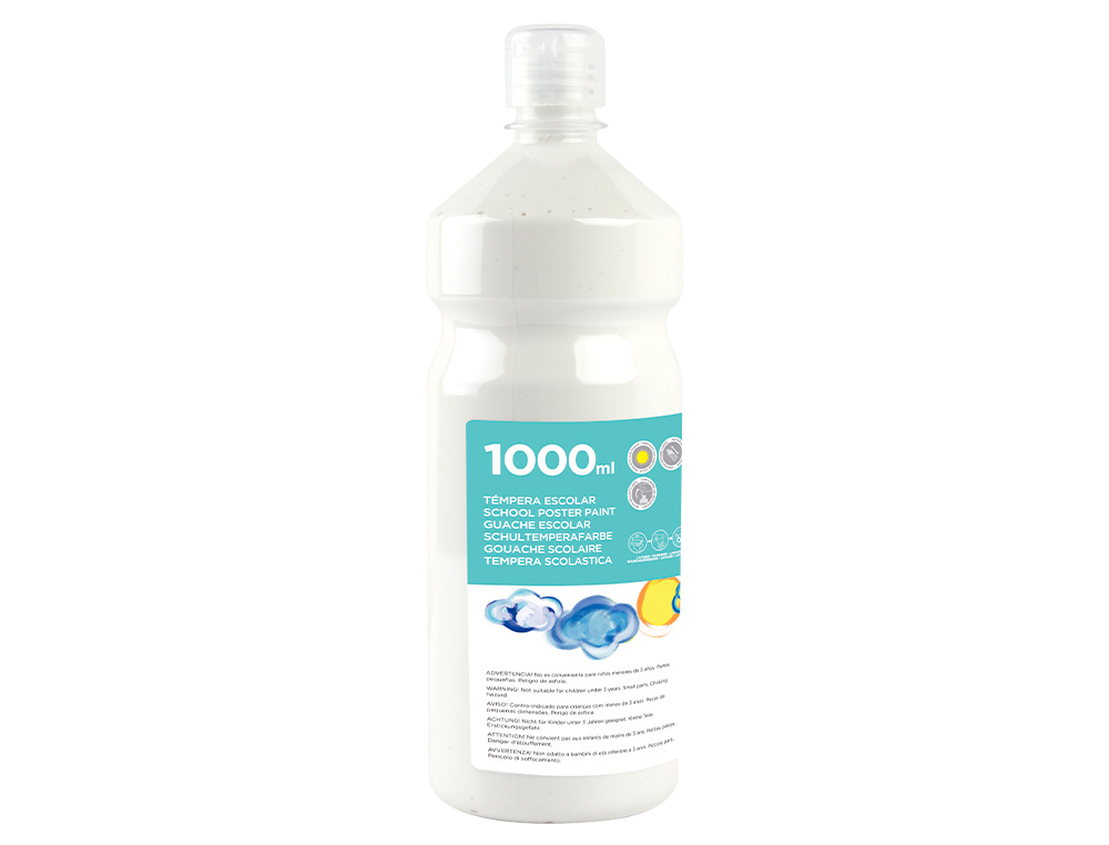 GOUACHE SCOLAIRE LIDERPAPEL LIQUIDE LAVABLE FERMETURE SÉCURITÉ BRILLANTE COLORIS BLANC FLACON 1000ML