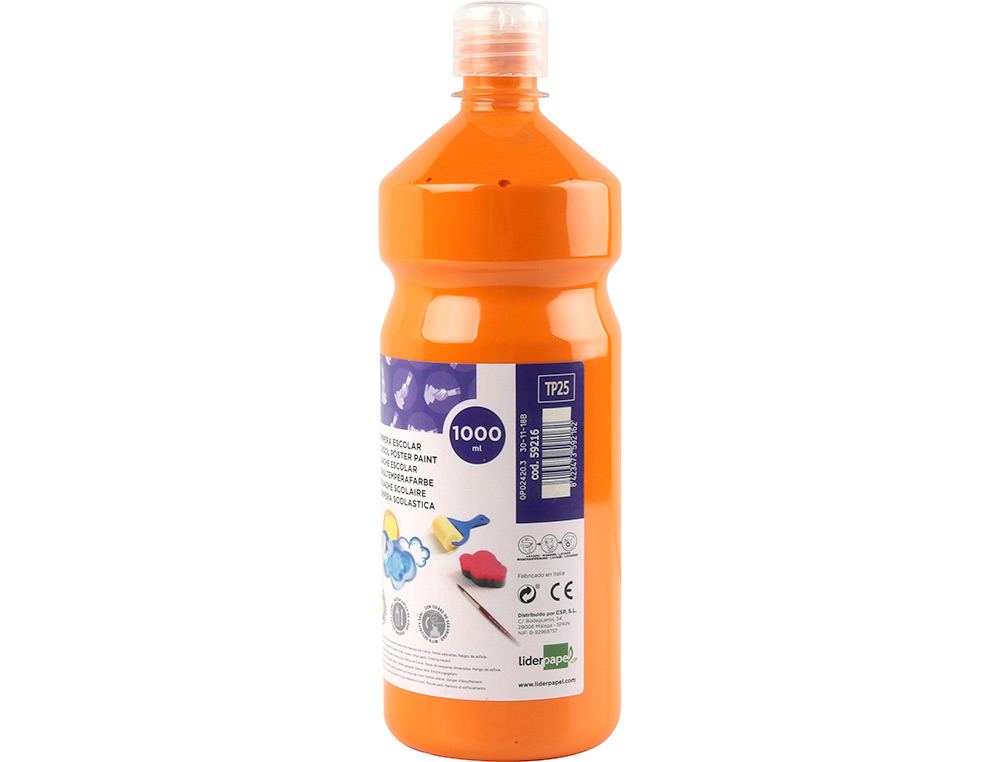 GOUACHE SCOLAIRE LIDERPAPEL LIQUIDE LAVABLE FERMETURE SÉCURITÉ BRILLANTE COLORIS ORANGE 1000ML