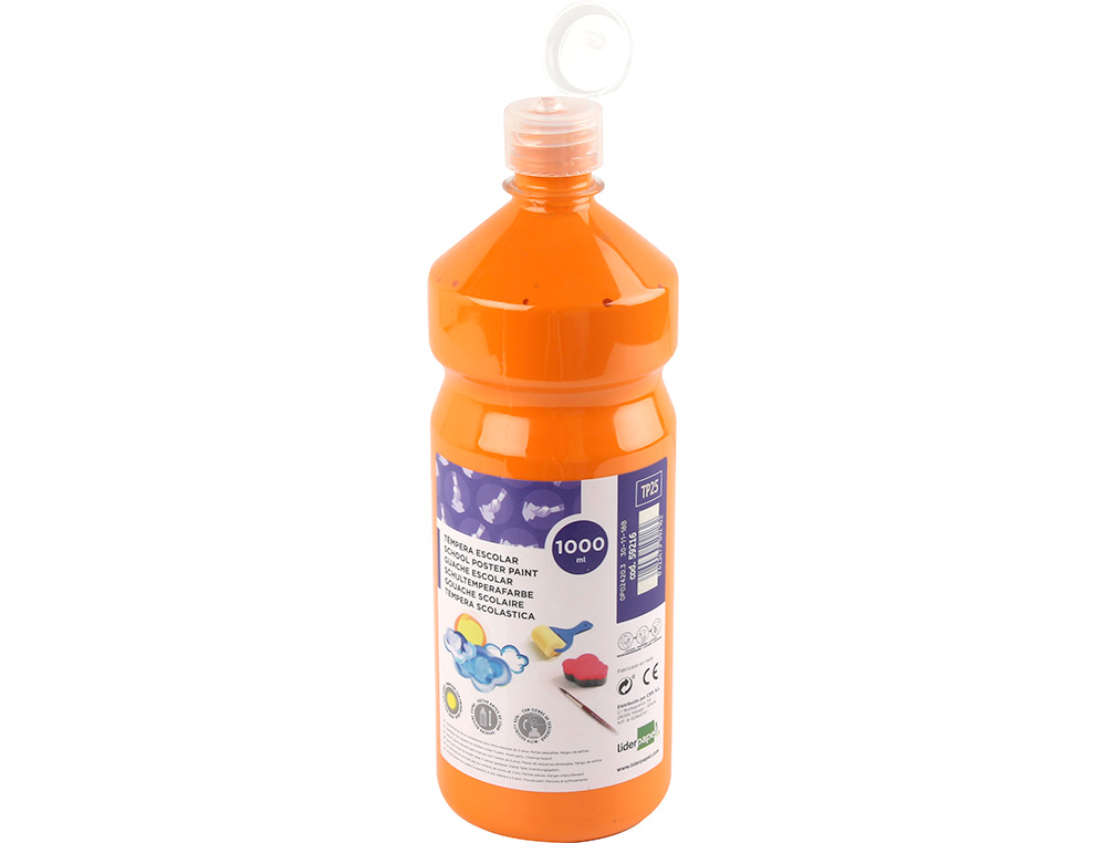 GOUACHE SCOLAIRE LIDERPAPEL LIQUIDE LAVABLE FERMETURE SÉCURITÉ BRILLANTE COLORIS ORANGE 1000ML