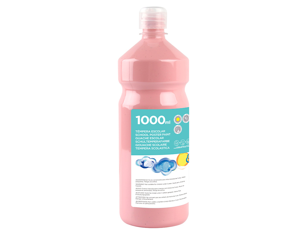 GOUACHE SCOLAIRE LIDERPAPEL LIQUIDE LAVABLE FERMETURE SÉCURITÉ BRILLANTE COLORIS ROSE FLACON 1000ML