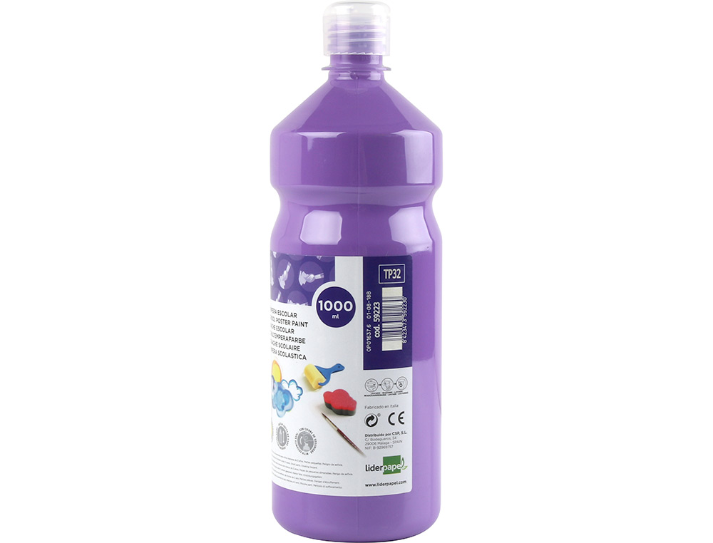 GOUACHE SCOLAIRE LIDERPAPEL LIQUIDE LAVABLE FERMETURE SÉCURITÉ BRILLANTE COLORIS LILAS FLACON 1000ML