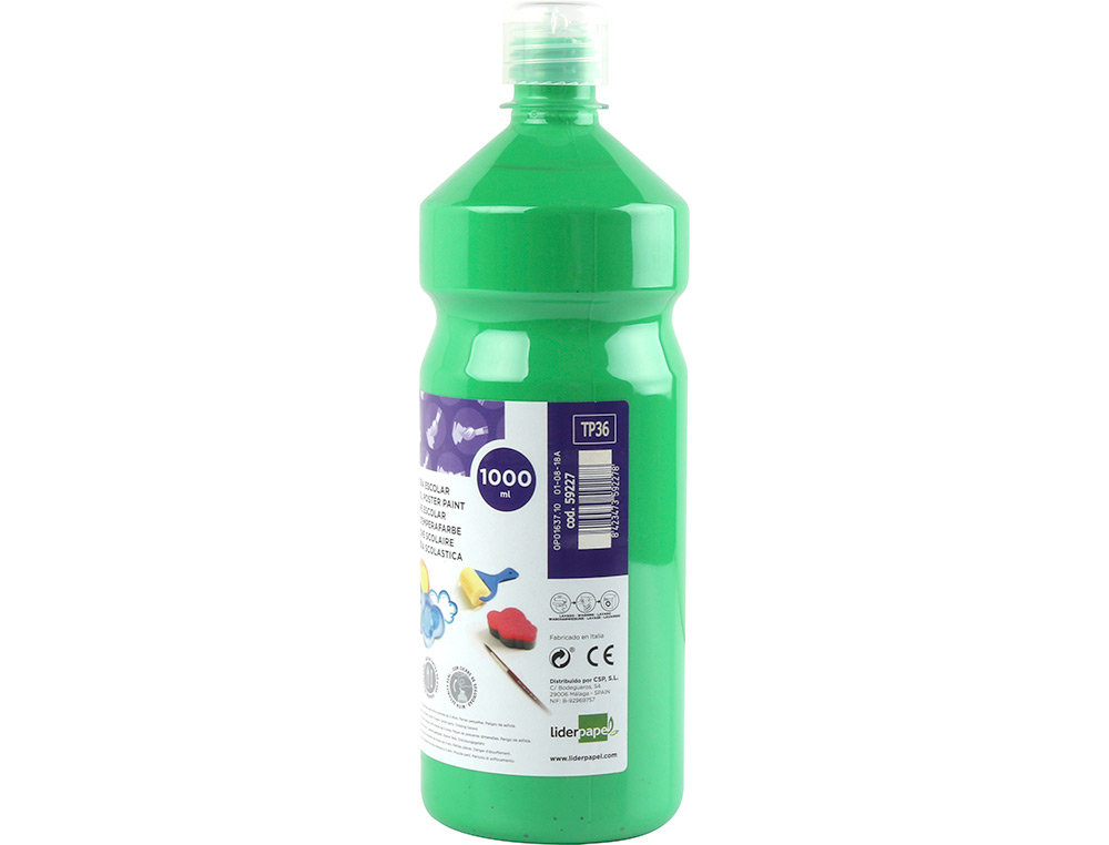 GOUACHE SCOLAIRE LIDERPAPEL LIQUIDE LAVABLE FERMETURE SÉCURITÉ BRILLANTE COLORIS VERT FLACON 1000ML