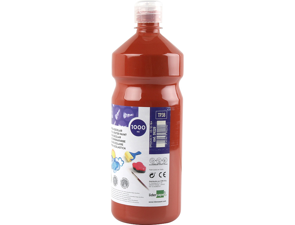 GOUACHE SCOLAIRE LIDERPAPEL LIQUIDE LAVABLE FERMETURE SÉCURITÉ BRILLANTE COLORIS MARRON FLACON 1000ML