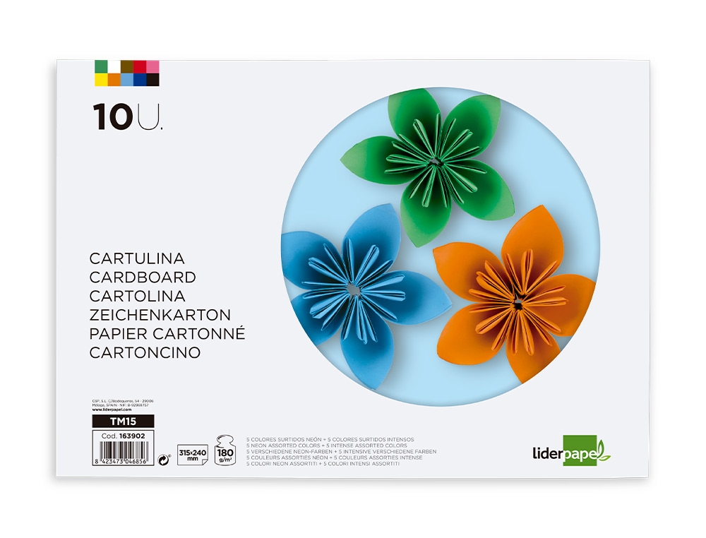 BLOC PAPIER DESSIN LIDERPAPEL 240X315MM 180G/M2 10F 5 COLORIS NEON + 5 COLORIS INTENSES ASSORTIS