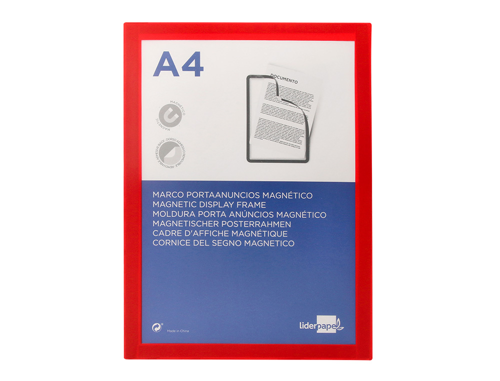 CADRE AFFICHAGE LIDERPAPEL MURAL MAGNETIQUE A4 DOS       ADHESIF REPOSITIONNABLE       COLORIS ROUGE