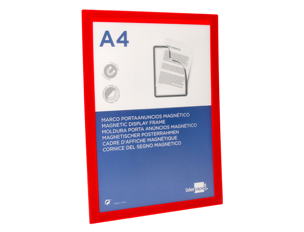 CADRE AFFICHAGE LIDERPAPEL MURAL MAGNETIQUE A4 DOS       ADHESIF REPOSITIONNABLE       COLORIS ROUGE