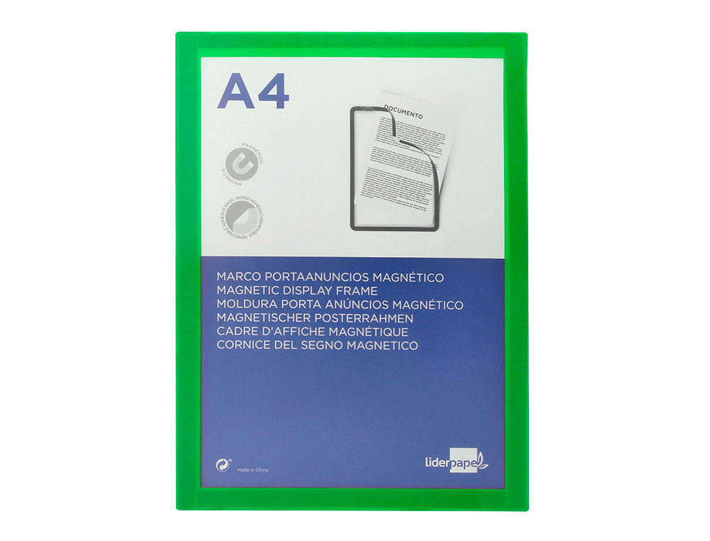 CADRE AFFICHAGE LIDERPAPEL MURAL MAGNETIQUE A4 DOS       ADHESIF REPOSITIONNABLE       COLORIS VERT