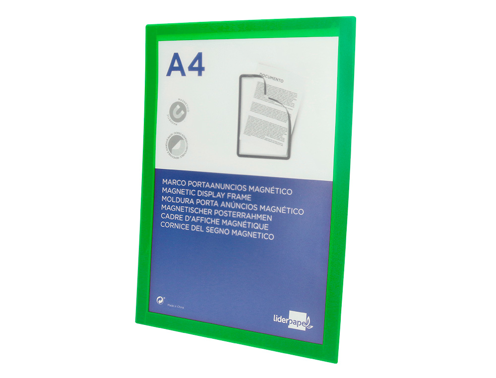 CADRE AFFICHAGE LIDERPAPEL MURAL MAGNETIQUE A4 DOS       ADHESIF REPOSITIONNABLE       COLORIS VERT