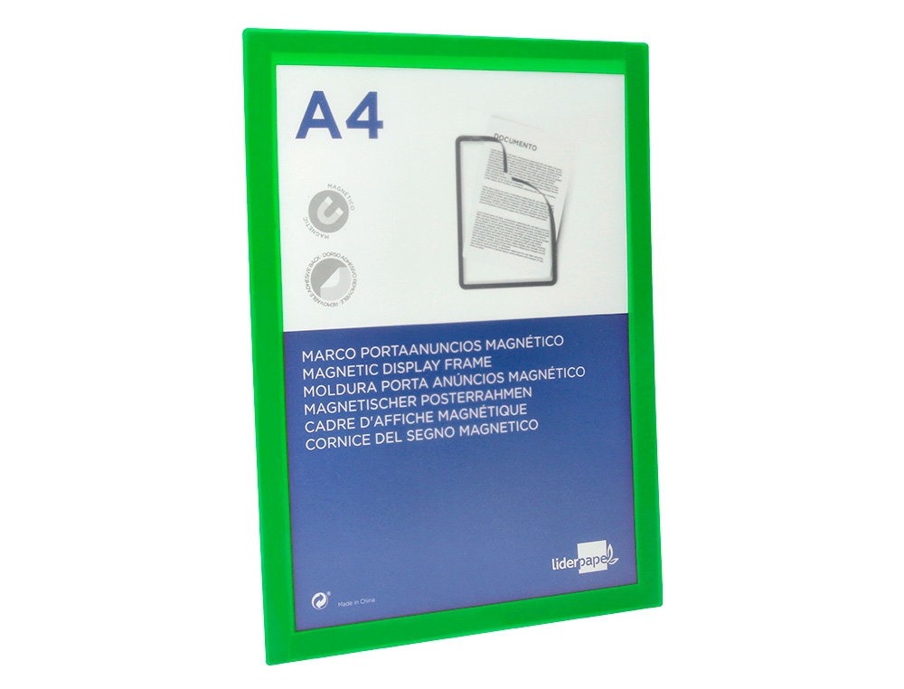CADRE AFFICHAGE LIDERPAPEL MURAL MAGNETIQUE A4 DOS       ADHESIF REPOSITIONNABLE       COLORIS VERT