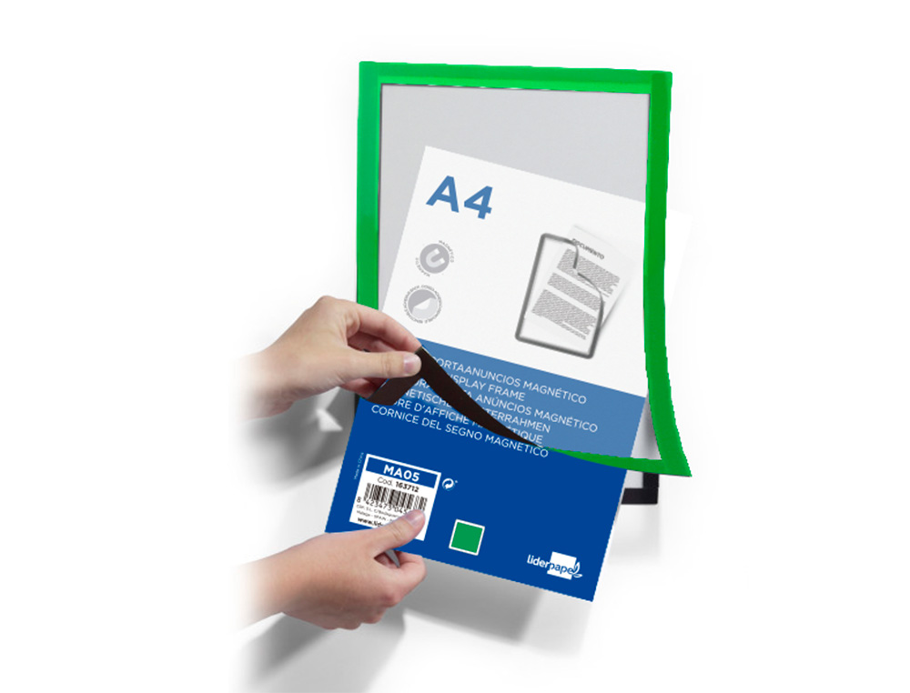 CADRE AFFICHAGE LIDERPAPEL MURAL MAGNETIQUE A4 DOS       ADHESIF REPOSITIONNABLE       COLORIS VERT