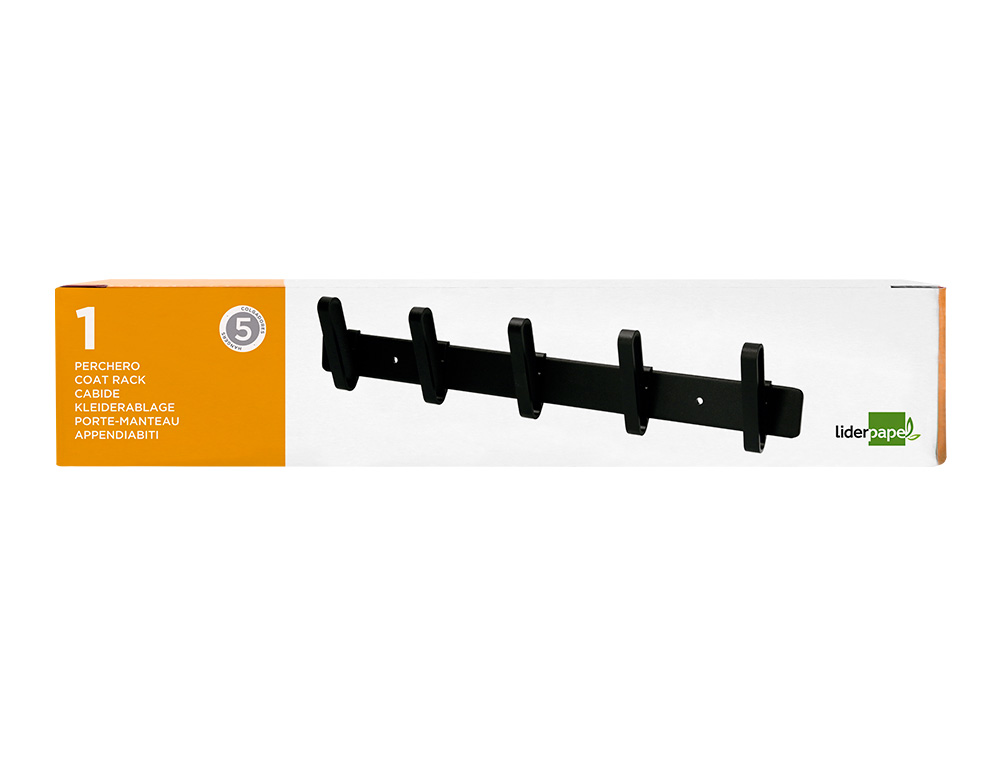 PORTE-MANTEAUX LIDERPAPEL MURAL METAL 5 PATERES 430X88X55MM COLORIS NOIR
