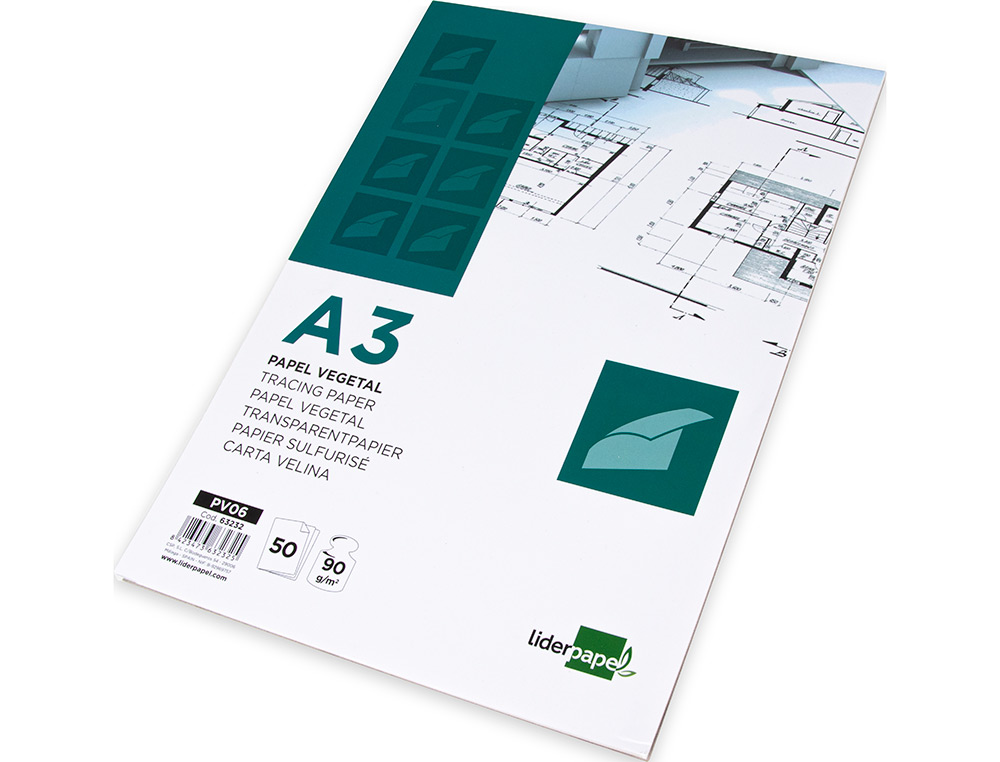 BLOC PAPIER CALQUE LIDERPAPEL ENCOLLÉ A3 297X420MM 50 FEUILLES 90G/M2