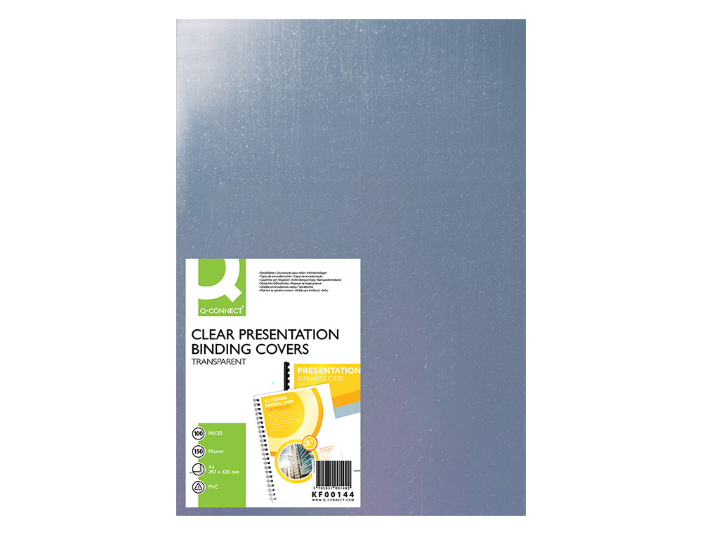 PLAT COUVERTURE Q-CONNECT PVC INCOLORE 150 MICRONS A3 RELIEURS SPIRALES PEIGNES ANNEAUX PAQUET 100 UNITÉS