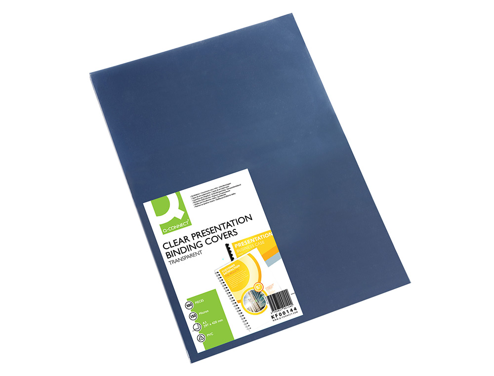 PLAT COUVERTURE Q-CONNECT PVC INCOLORE 150 MICRONS A3 RELIEURS SPIRALES PEIGNES ANNEAUX PAQUET 100 UNITÉS