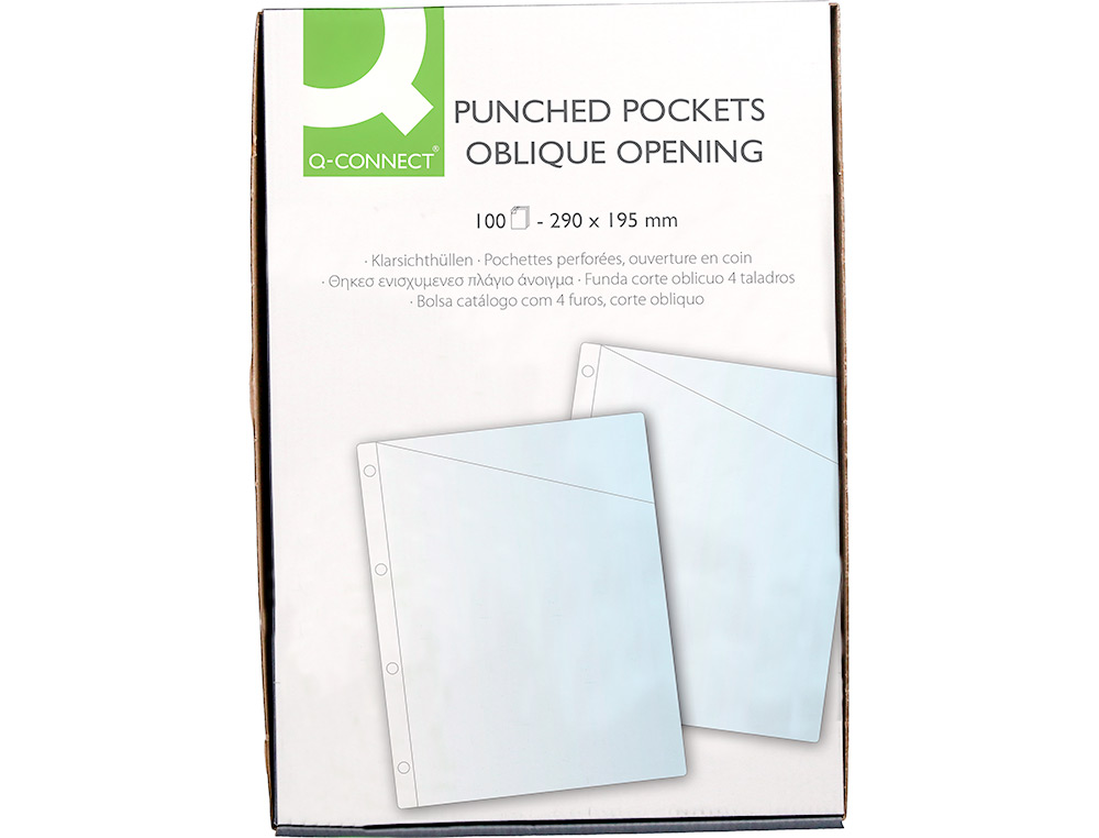 POCHETTE COIN Q-CONNECT PVC TRANSPARENT 9/100E 290X195MM PERFORÉE 4 TROUS BOÎTE 100 UNITÉS