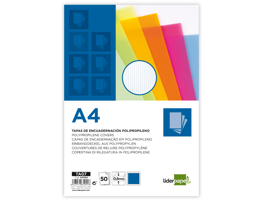 PLAT COUVERTURE LIDERPAPEL PP ONDULÉ TRANSLUCIDE 0.8MM A4 DOSSIER RELIURE BLEU PAQUET 50 UNITÉS