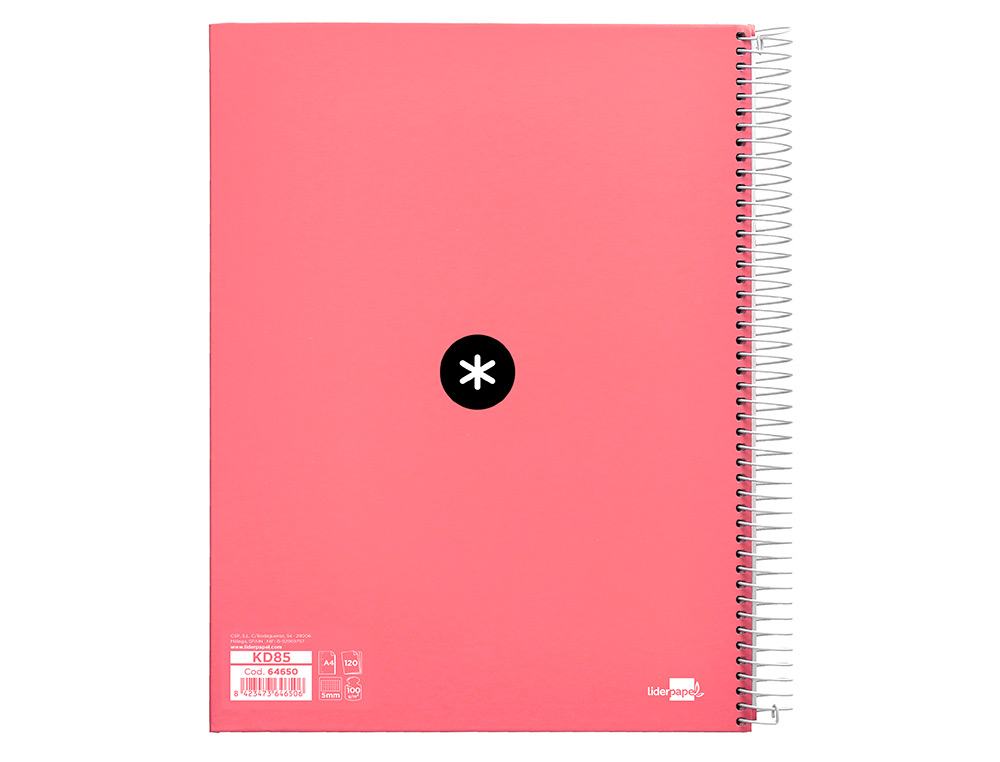 CAHIER SPIRALE ANTARTIK A4 240P 90G REMBORDE QUADRILLAGE 5MM MICROPERFORE 5 BANDES 4 TROUS COLORIS CORAIL