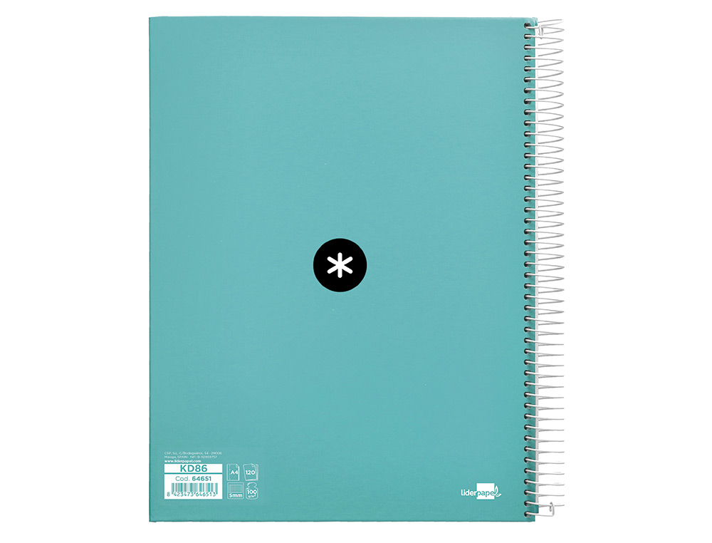 CAHIER SPIRALE ANTARTIK A4 240P 90G REMBORDE QUADRILLAGE 5MM MICROPERFORE 5 BANDES 4   TROUS COLORIS MENTHE