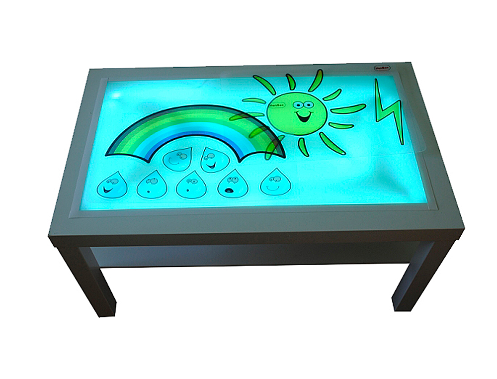 TABLE CLAIRAGE EN BOIS DE HTRE SUPERFICIE MTHACRYLATE BLANC ET LUMIȒRES LED 90X55X45CM