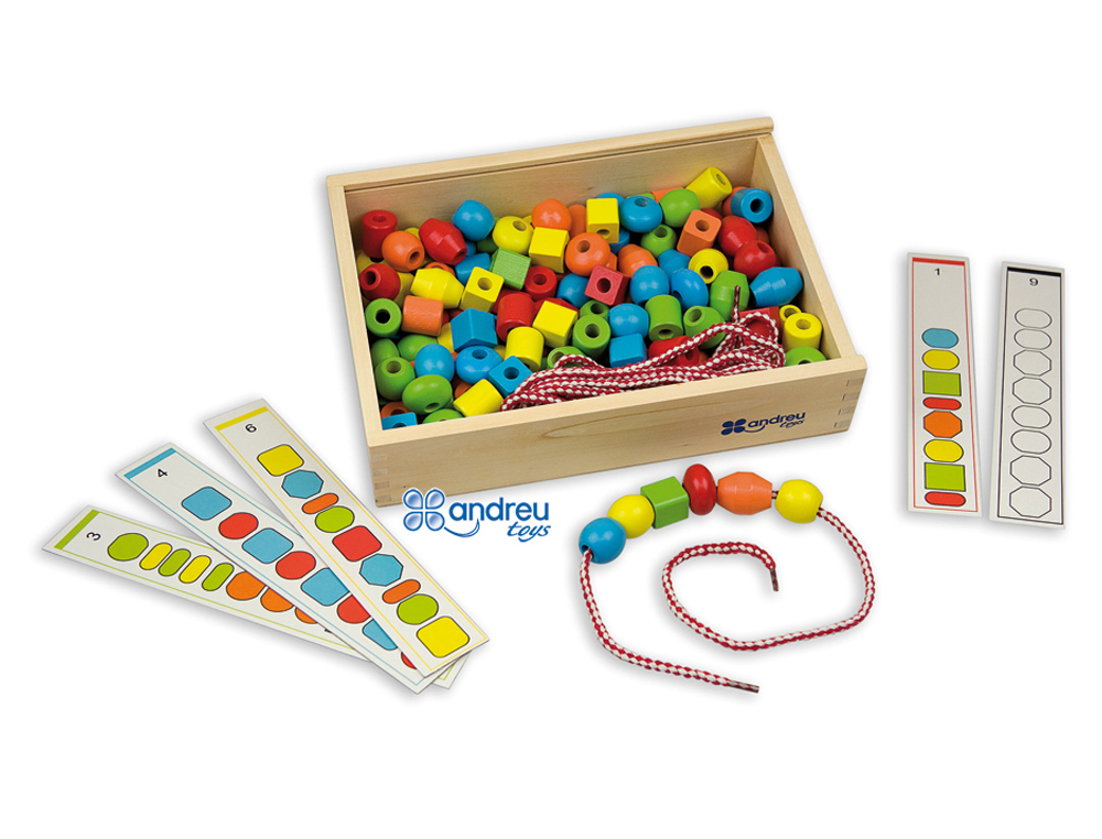 JEU ANDREUTOYS FORMES  ENFILER + 10 CORDONS + 10 MODLES BOTE DE 150 UNITS ASSORTIES