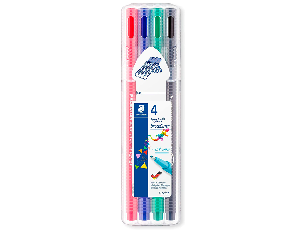 STYLO-FEUTRE STAEDTLER TRIPLUS BROADLINER 338 ÉCRITURE ET COLORIAGE POINTE MOYENNE 0.8MM ENCRE DRY SAFE ÉTUI 4 UNITÉS