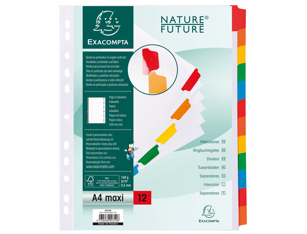 INTERCALAIRE EXACOMPTA CARTE BLANCHE 160G 12 POSITIONS A4+ CARTE ONGLETS COULEUR RENFORCÉS