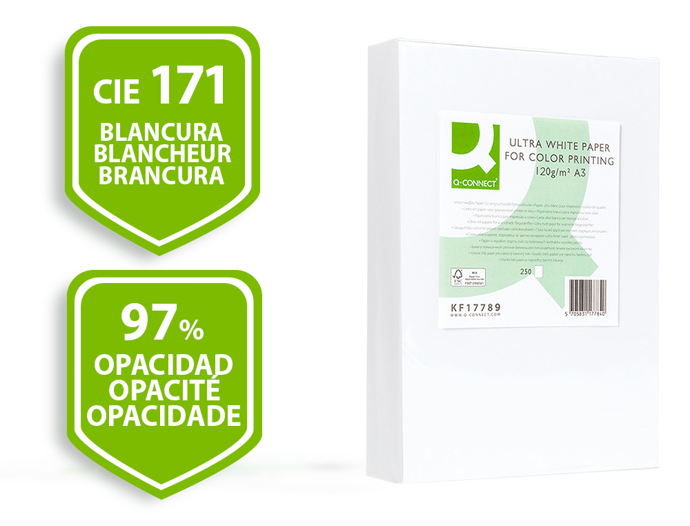 PAPIER Q-CONNECT MULTIFONCTION ULTRAWHITE A3 120G/M2 BLANCHEUR 170 OPACITÉ 96 RIGIDITÉ 60 250 FEUILLES
