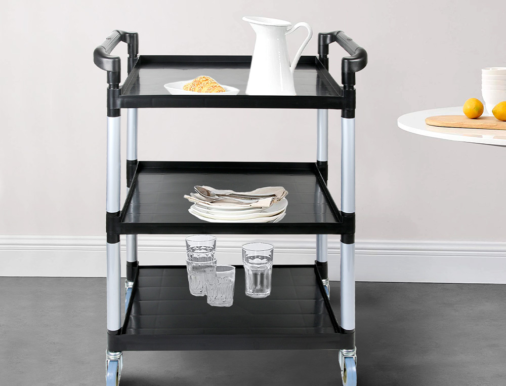 CHARIOT SERVICE Q-CONNECT ACIER 3 PLATEAUX ACIER INOXYDABLE 4 ROUES POIGNES 83X42X97CM