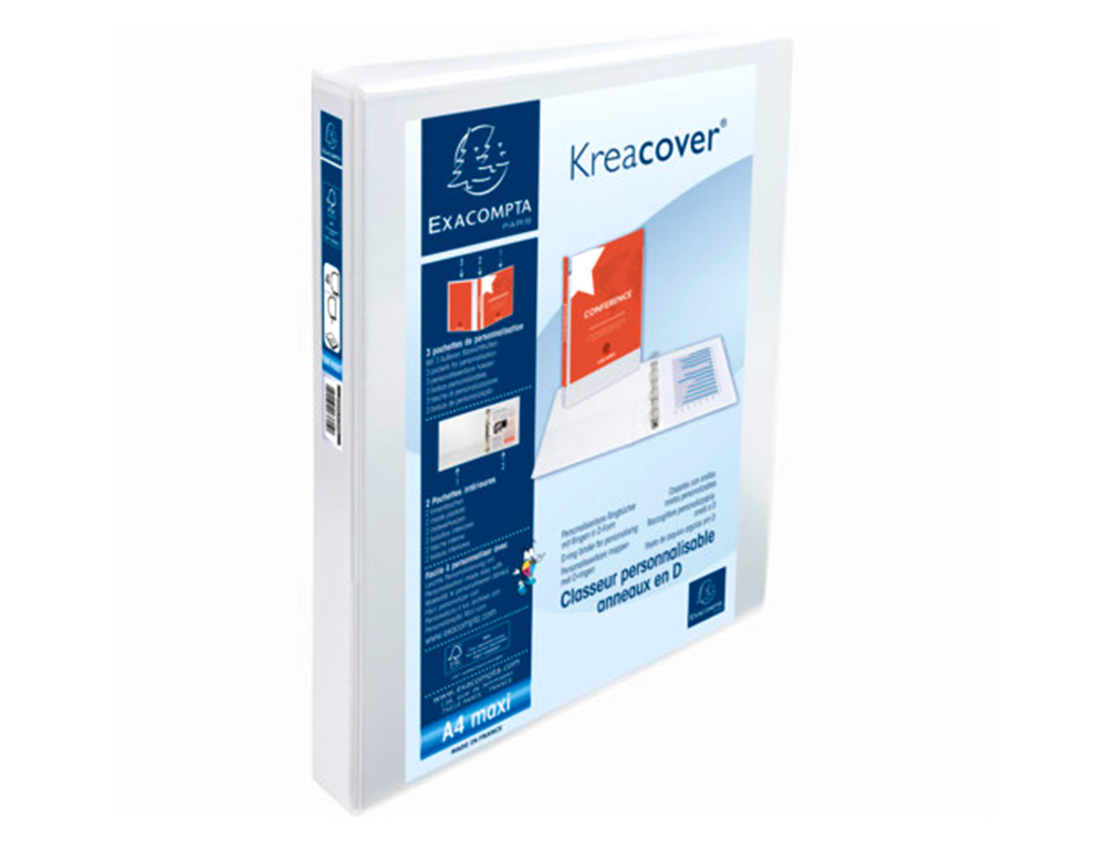 CLASSEUR EXACOMPTA 4 ANNEAUX EN D 30MM POLYPROPYLNE A4+ 32X27,7CM PERSONNALISABLE POCHETTES COLORIS BLANC
