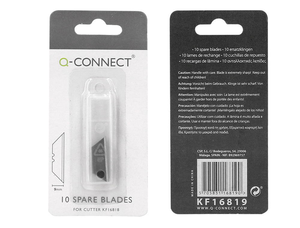 LAME RECHANGE Q-CONNECT CUTTER TROIT 9MM BLISTER 10 UNITS