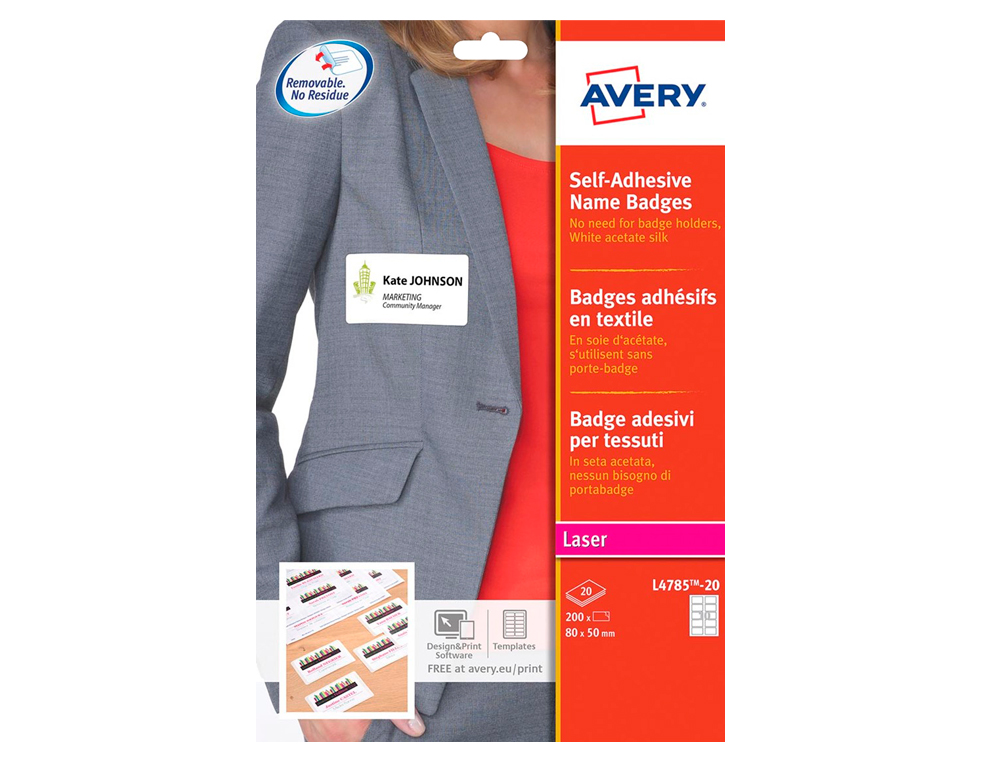 BADGE ADHESIF AVERY SOIE D'ACETATE SANS PVC PREDECOUPE IMPRESSION LASER 80X50MM      COLORIS BLANC POCHETTE 200