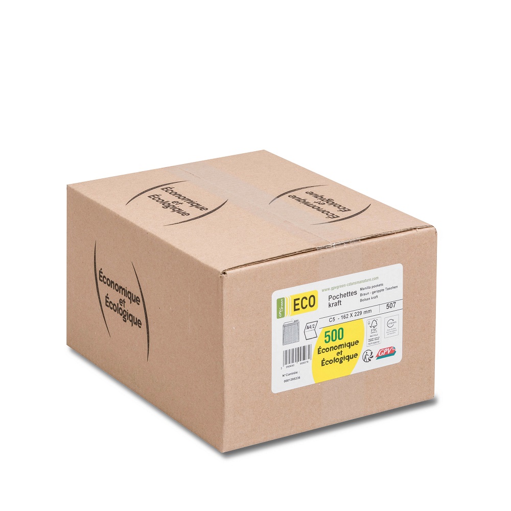 POCHETTE GPV KRAFT BRUN RECYCLE 90G C5 162X229MM ADHESIVE BANDE DE PROTECTION BOITE 500 UNITES