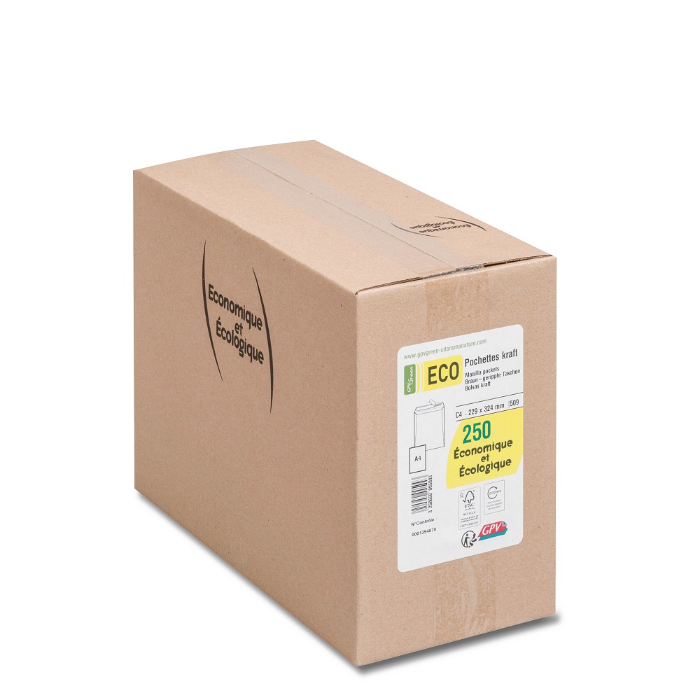 POCHETTE GPV KRAFT BRUN RECYCLE 90G C4 229X324MM ADHESIVE BANDE DE PROTECTION BOITE 250 UNITES