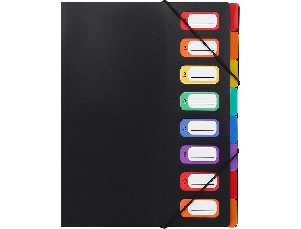 TRIEUR VIQUEL  SOUFFLETS POLYPROPYLNE 5/10E 8 COMPARTIMENTS FERMETURE LASTIQUE PORTE TIQUETTE NOIR