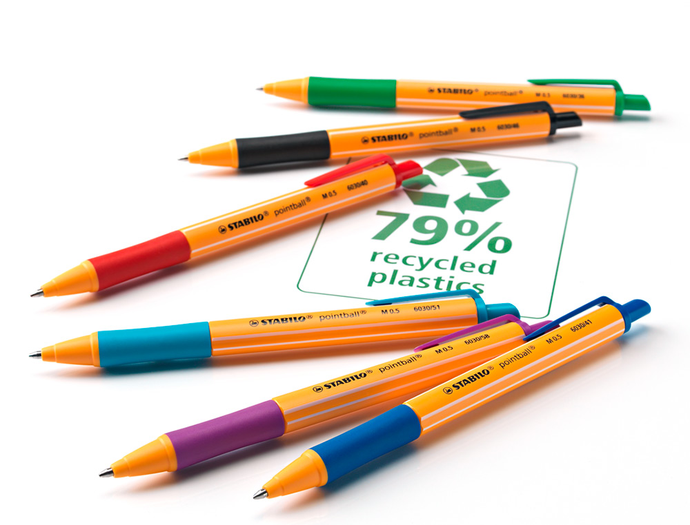 STYLO-BILLE STABILO POINTBALL RETRACTABLE RECHARGEABLE PLASTIQUE RECYCLE 3500M D'ECRITURE  GRIP ANTIDERAPANT VERT