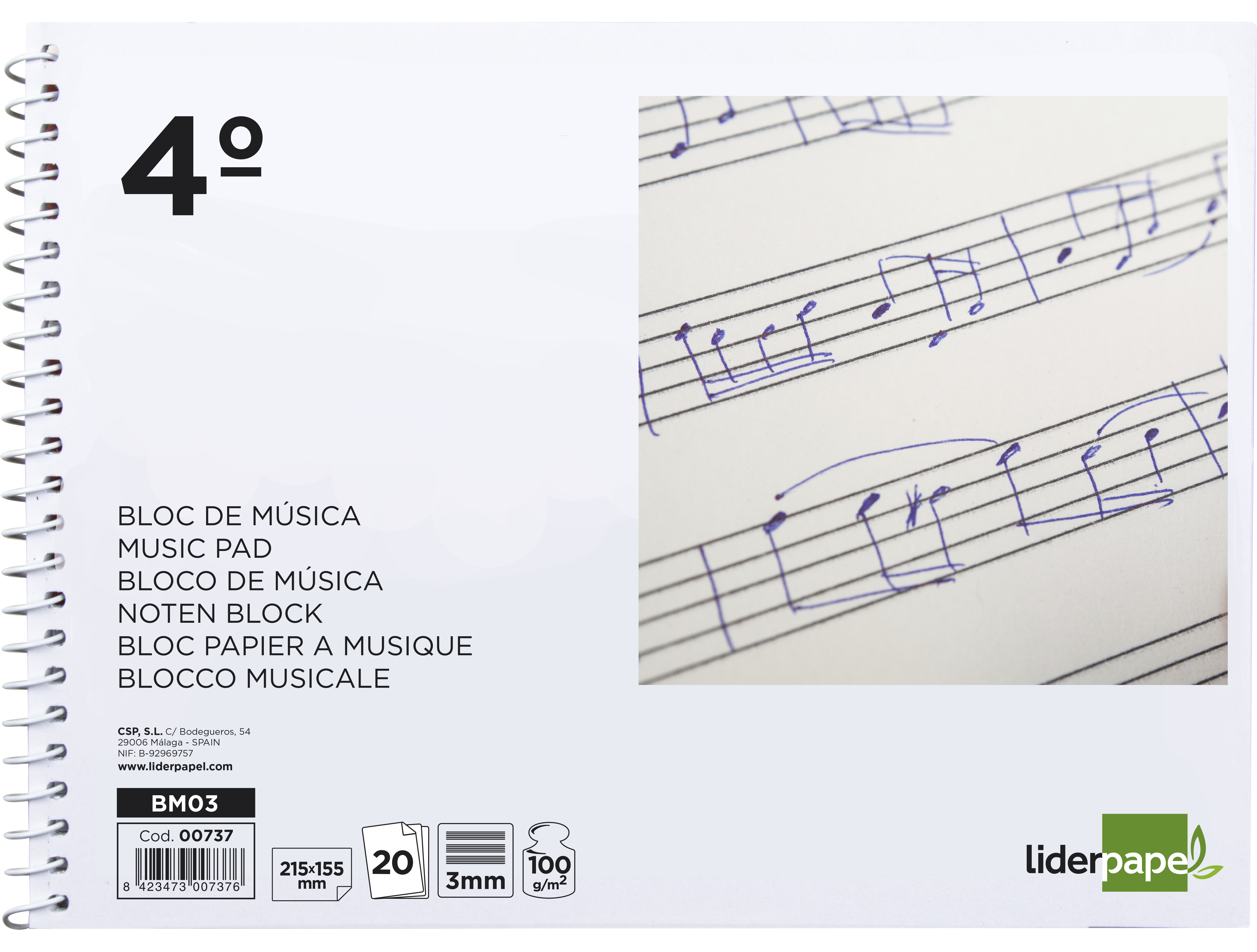 CAHIER MUSIQUE LIDERPAPEL PORTEE 3MM CUARTO 20 FEUILLES 100GR