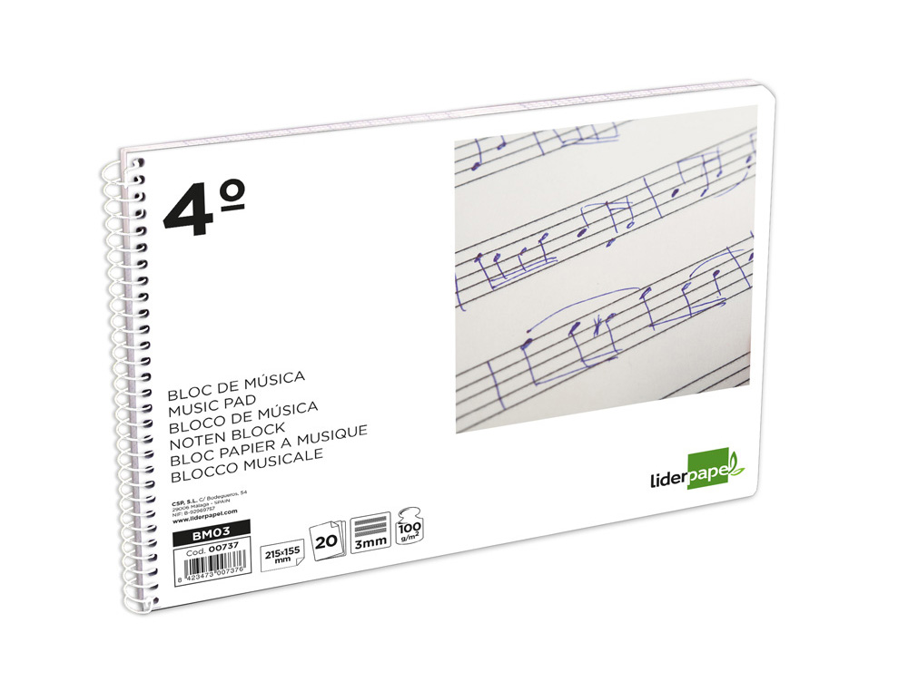 CAHIER MUSIQUE LIDERPAPEL PORTEE 3MM CUARTO 20 FEUILLES 100GR