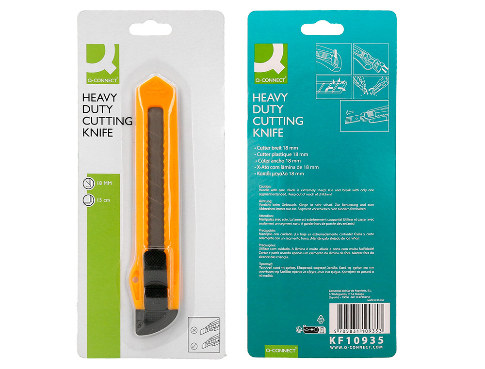 CUTTER XD-11 Q-CONNECT LAME RETRACTABLE INTERCHANGEABLE ACIER 18MM PRECOUPEE FREIN SECURITE COL. ALEATOIRE JAUNE/ORANGE