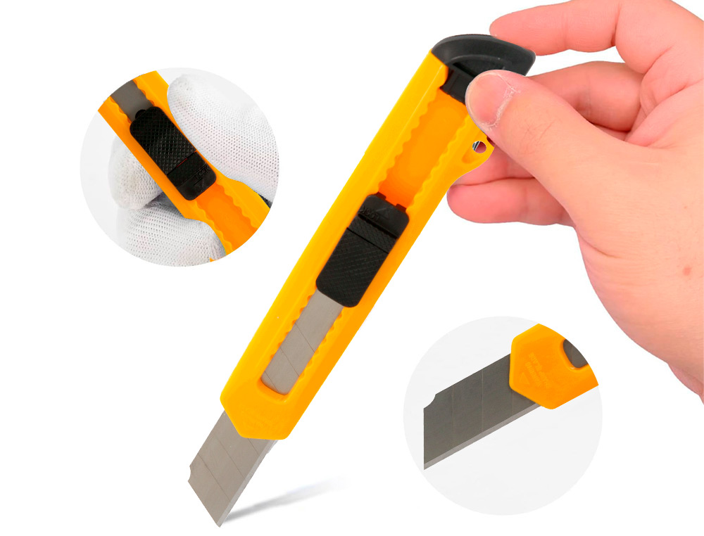 CUTTER XD-11 Q-CONNECT LAME RETRACTABLE INTERCHANGEABLE ACIER 18MM PRECOUPEE FREIN SECURITE COL. ALEATOIRE JAUNE/ORANGE