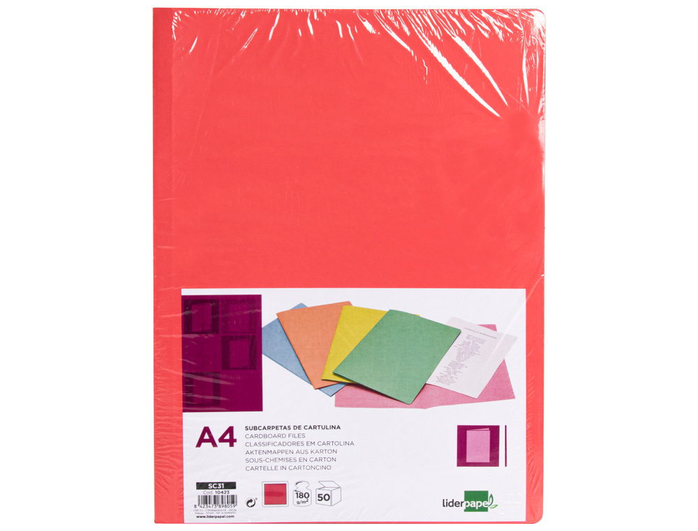 SOUS-CHEMISE LIDERPAPEL PAPIER CARTONNE 180G/M2 310X230MM DOCUMENT A4 COLORIS ROUGE PASTEL