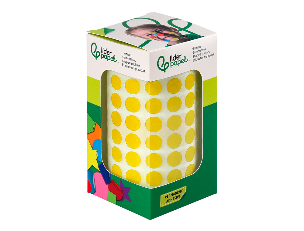PASTILLE ADHESIVE LIDERPAPEL DIAMETRE 10,5MM COLORIS JAUNE ROULEAU 6000 UNITES BOITE     CARTON