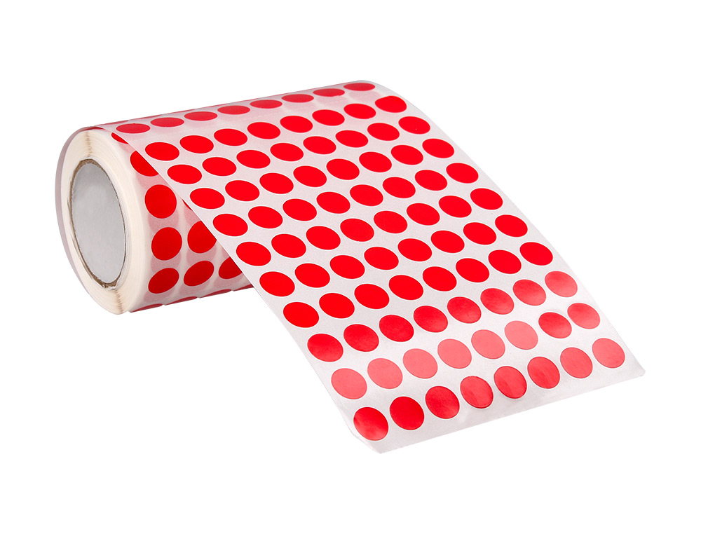 PASTILLE ADHESIVE LIDERPAPEL DIAMETRE 10,5MM COLORIS ROUGE ROULEAU 6000 UNITES BOITE CARTON