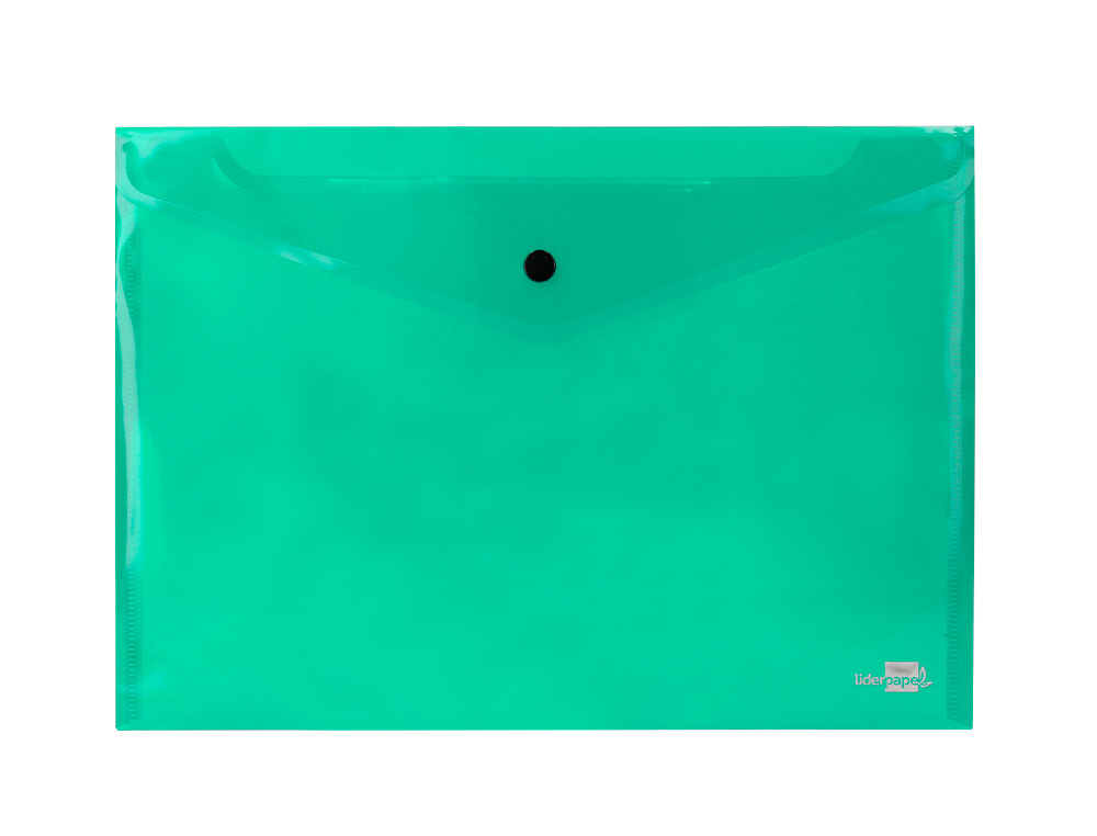 POCHETTE ENVELOPPE LIDERPAPEL POLYPROPYLÈNE 180 MICRONS A4 297X210MM 50F FERMETURE BOUTON RÉSISTANT TRANSPARENT VERT
