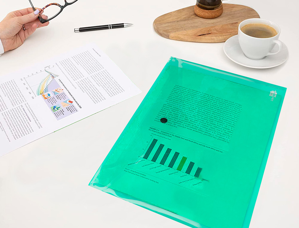 POCHETTE ENVELOPPE LIDERPAPEL POLYPROPYLÈNE 180 MICRONS A4 297X210MM 50F FERMETURE BOUTON RÉSISTANT TRANSPARENT VERT