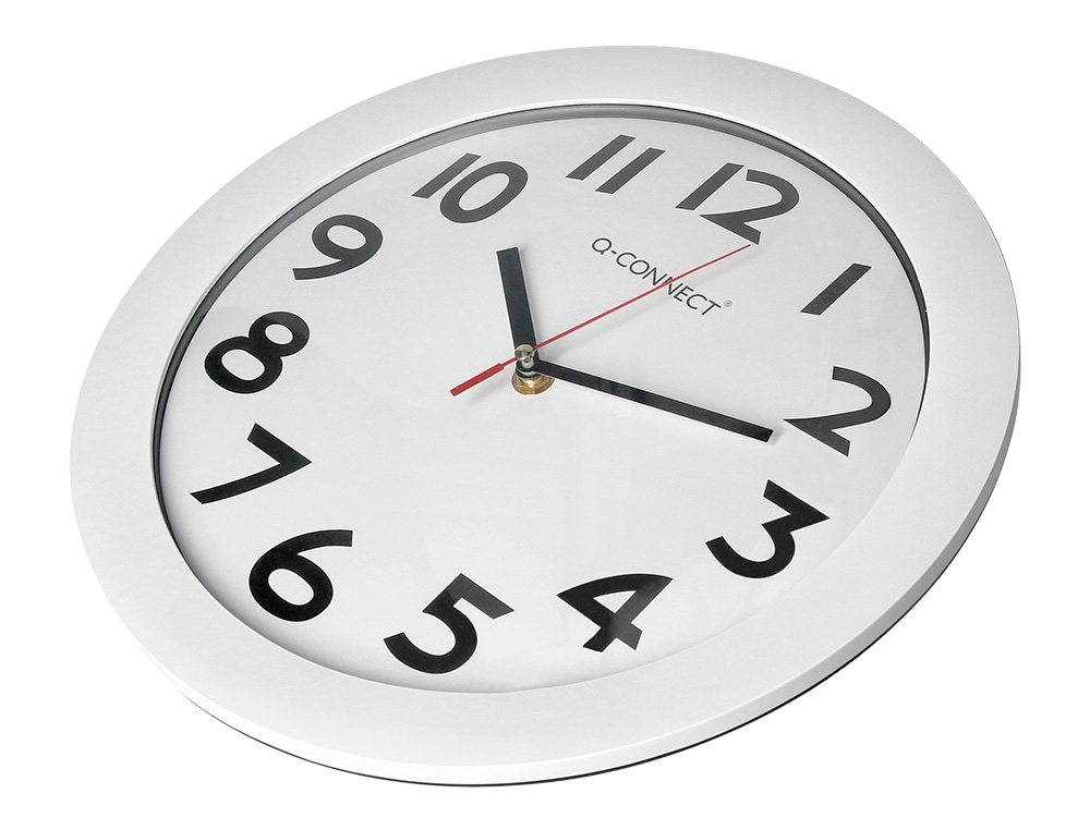 HORLOGE Q-CONNECT MURALE PLASTIQUE DESIGN ACTUEL NUMROS NOIRS FOND BLANC 1 PILE AA NON FOURNIE DIAMTRE 30CM BLANC