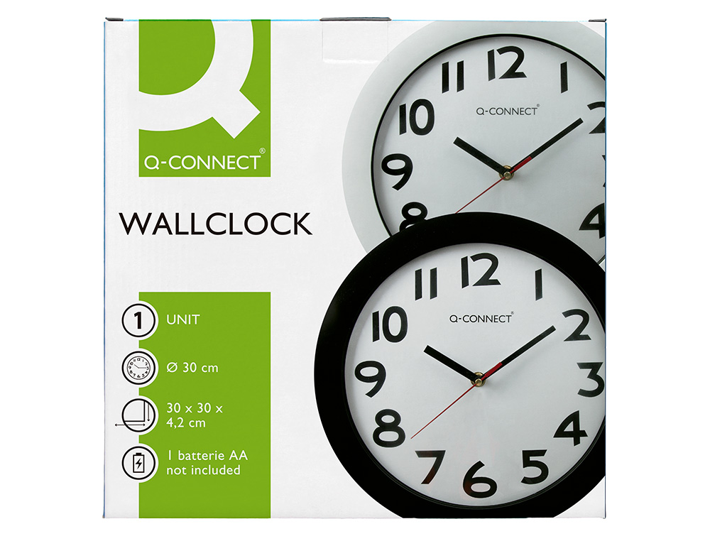 HORLOGE Q-CONNECT MURALE PLASTIQUE DESIGN ACTUEL NUMROS NOIRS FOND BLANC 1 PILE AA NON FOURNIE DIAMTRE 30CM NOIR