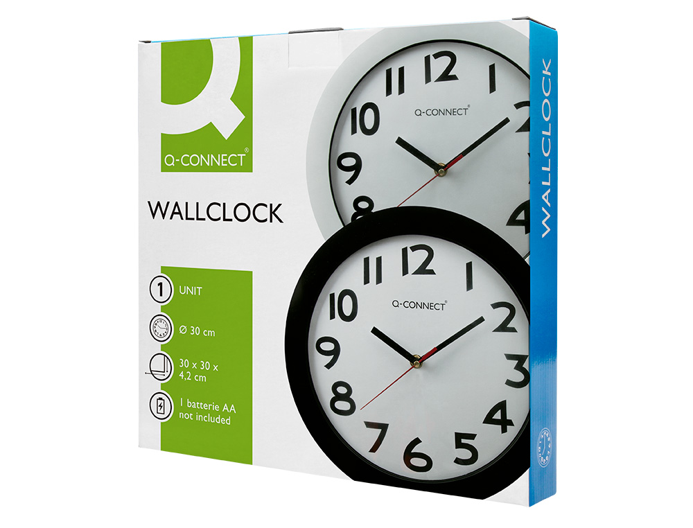 HORLOGE Q-CONNECT MURALE PLASTIQUE DESIGN ACTUEL NUMROS NOIRS FOND BLANC 1 PILE AA NON FOURNIE DIAMTRE 30CM NOIR